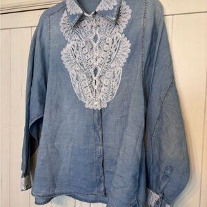 Ermanno Scervino Blue Denim Shirt with White Lace Collar